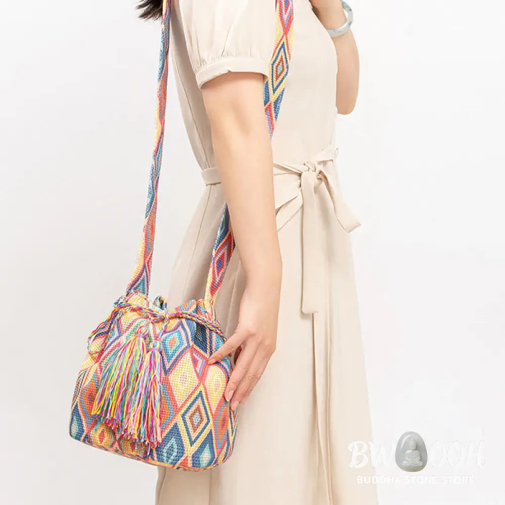 Buddha Stones Colorful Geometry Flowers Print Canvas Bucket Crossbody Bag Shoulder Bag - Crossbody Bag