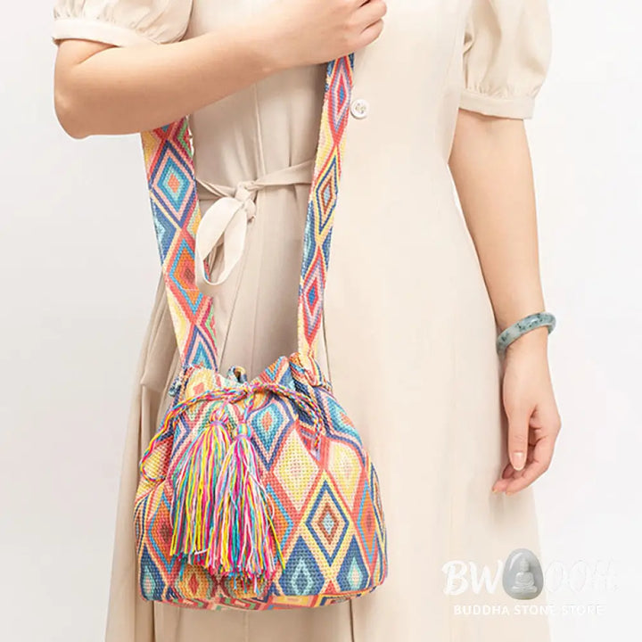 Buddha Stones Colorful Geometry Flowers Print Canvas Bucket Crossbody Bag Shoulder Bag - Crossbody Bag