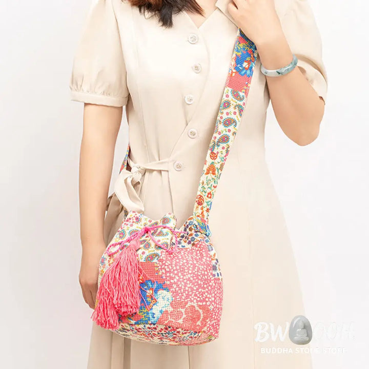 Buddha Stones Colorful Geometry Flowers Print Canvas Bucket Crossbody Bag Shoulder Bag - Crossbody Bag