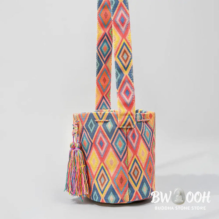 Buddha Stones Colorful Geometry Flowers Print Canvas Bucket Crossbody Bag Shoulder Bag - Crossbody Bag