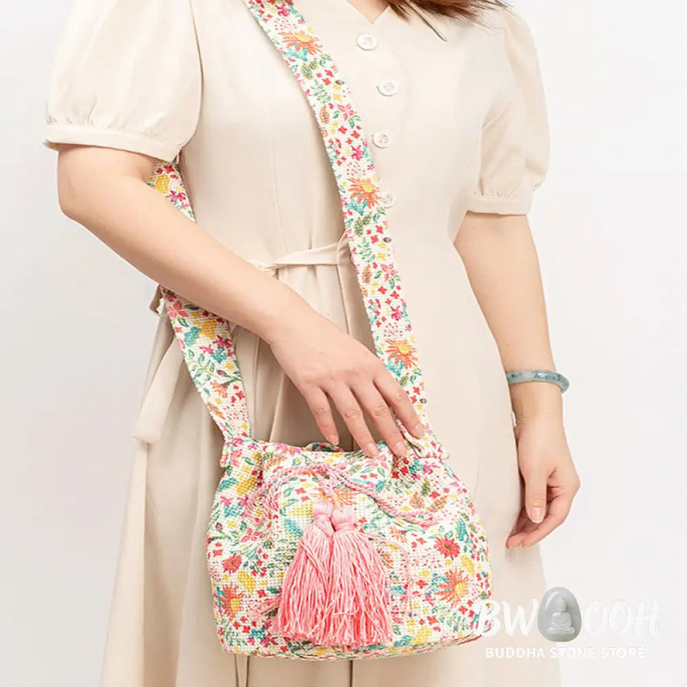 Buddha Stones Colorful Geometry Flowers Print Canvas Bucket Crossbody Bag Shoulder Bag - Crossbody Bag