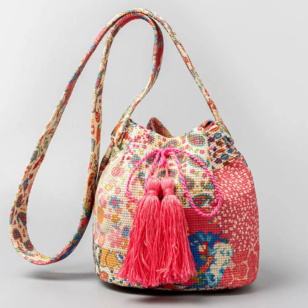Buddha Stones Colorful Geometry Flowers Print Canvas Bucket Crossbody Bag Shoulder Bag - Pink Flowers 23*16*23cm