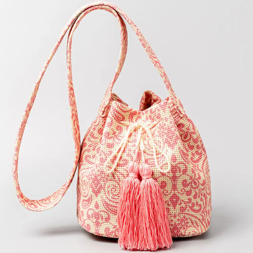 Buddha Stones Colorful Geometry Flowers Print Canvas Bucket Crossbody Bag Shoulder Bag - Pink Beige 23*16*23cm
