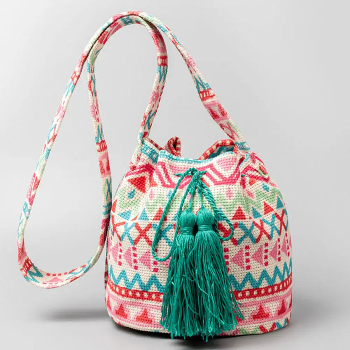 Buddha Stones Colorful Geometry Flowers Print Canvas Bucket Crossbody Bag Shoulder Bag - Pink Green Lines 23*16*23cm