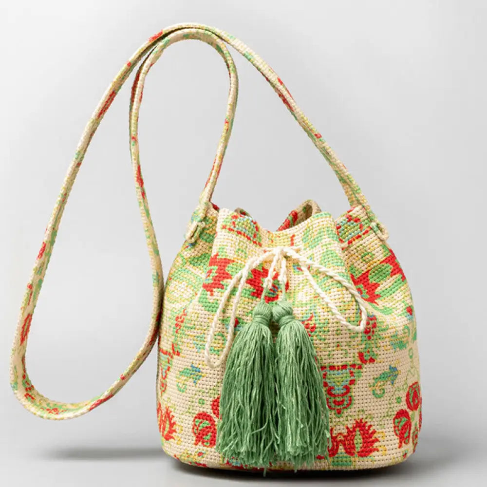 Buddha Stones Colorful Geometry Flowers Print Canvas Bucket Crossbody Bag Shoulder Bag - Yellow Green 23*16*23cm
