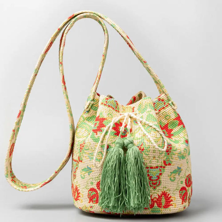 Buddha Stones Colorful Geometry Flowers Print Canvas Bucket Crossbody Bag Shoulder Bag - Yellow Green 23*16*23cm