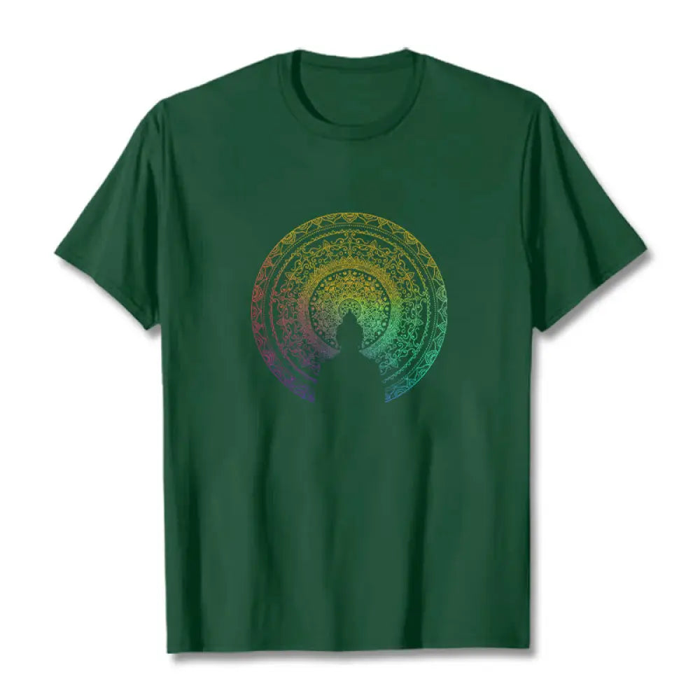 Buddha Stones Colorful Gradient Mandala Buddha Cotton Tee T-shirt - ForestGreen / S - T-Shirts