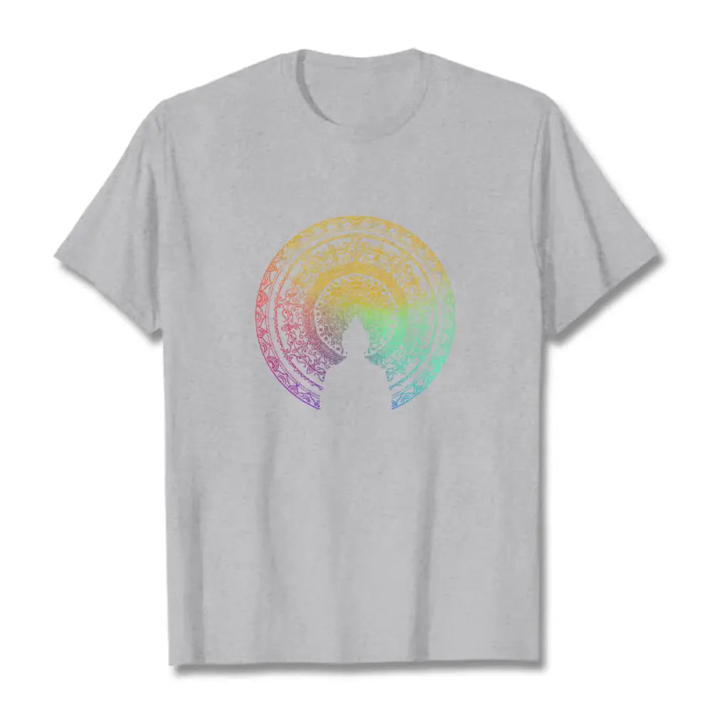 Buddha Stones Colorful Gradient Mandala Buddha Cotton Tee T-shirt - LightGrey / S - T-Shirts