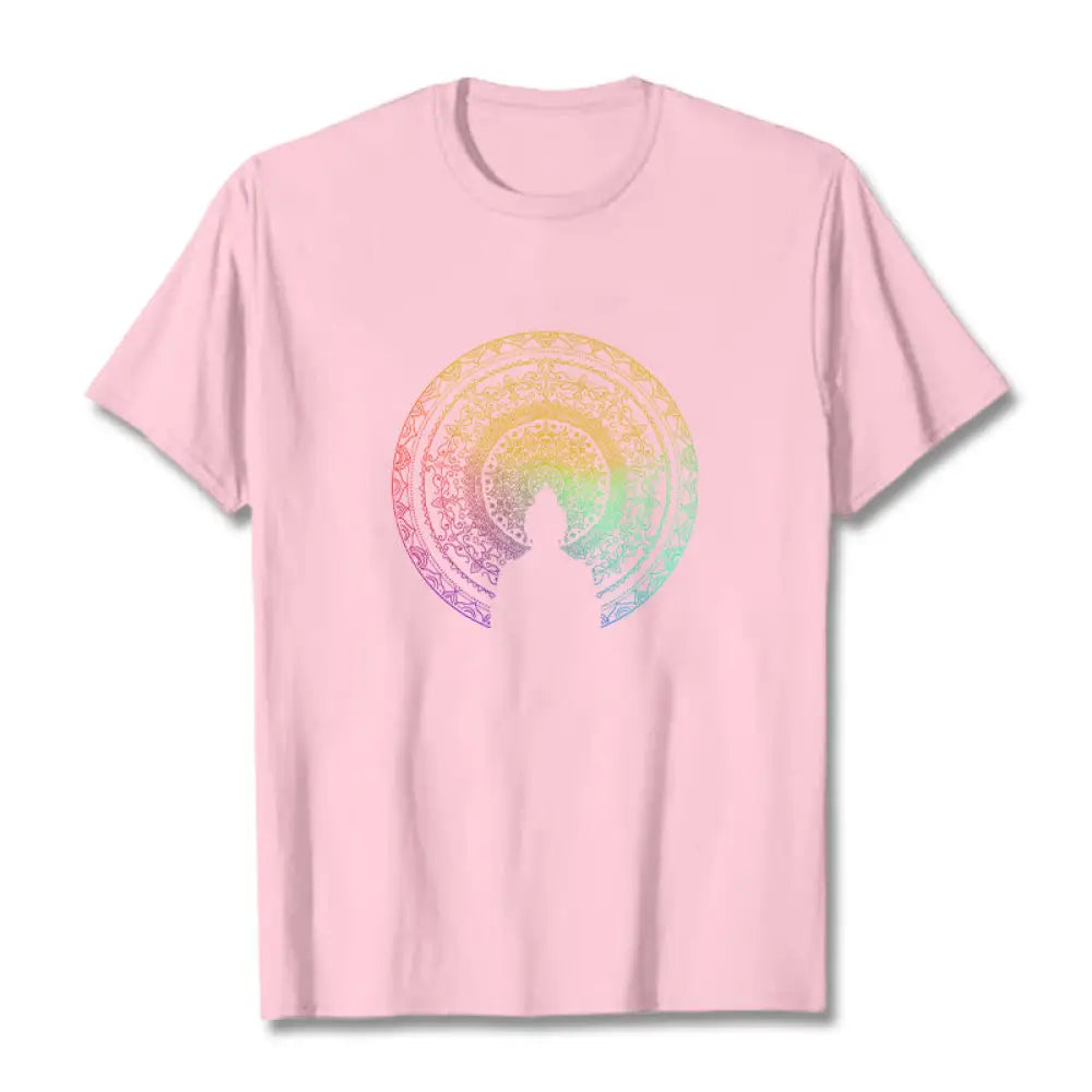 Buddha Stones Colorful Gradient Mandala Buddha Cotton Tee T-shirt - LightPink / S - T-Shirts