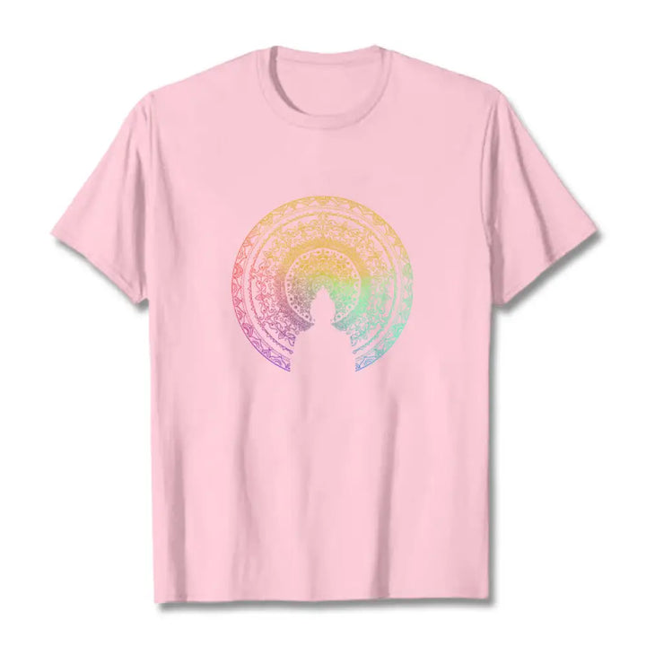 Buddha Stones Colorful Gradient Mandala Buddha Cotton Tee T-shirt - LightPink / S - T-Shirts