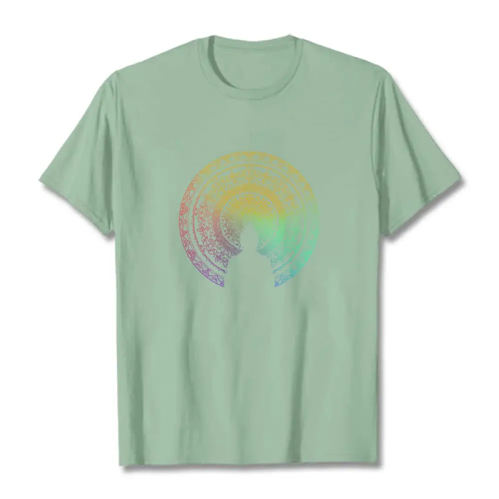 Buddha Stones Colorful Gradient Mandala Buddha Cotton Tee T-shirt - PaleGreen / S - T-Shirts