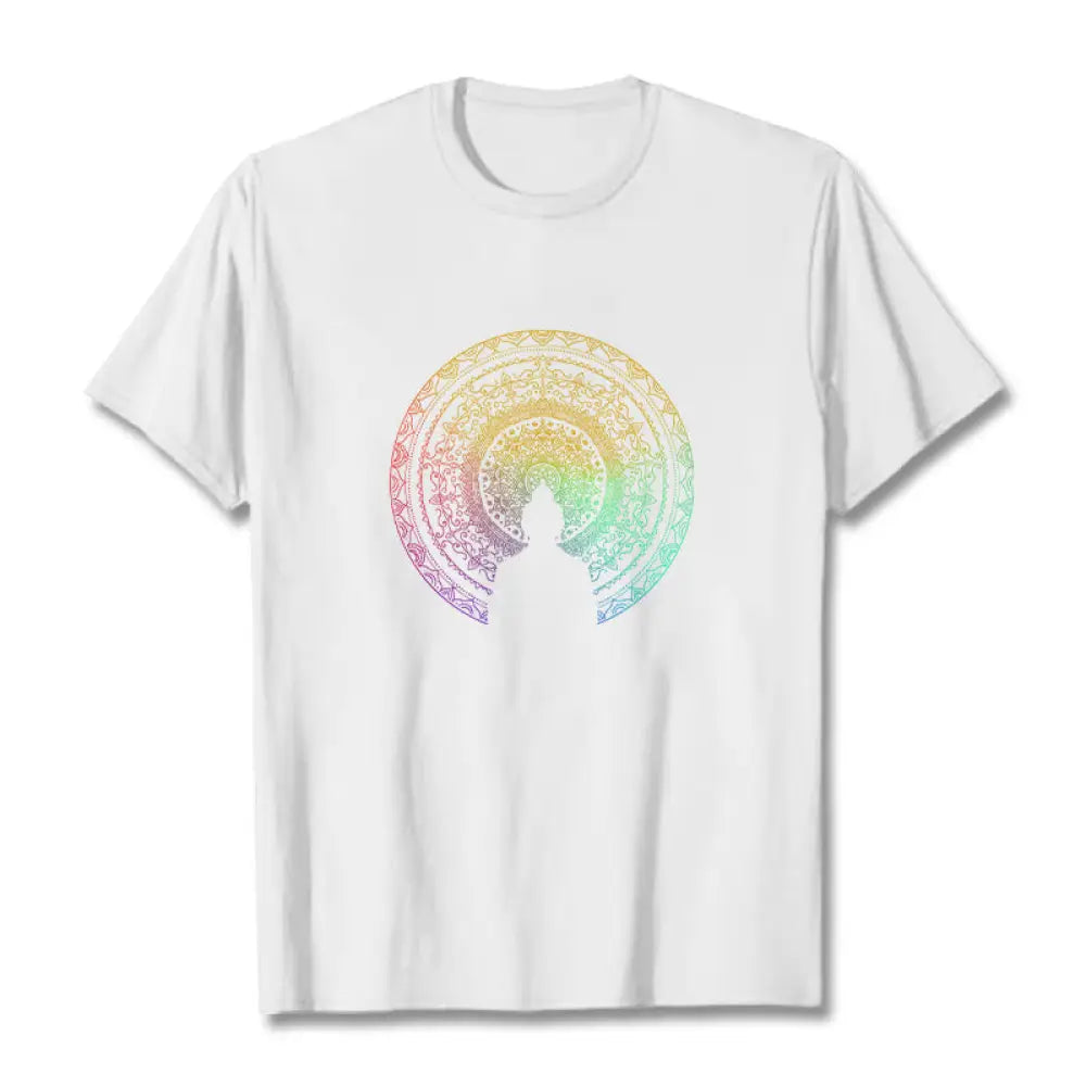 Buddha Stones Colorful Gradient Mandala Buddha Cotton Tee T-shirt - White / S - T-Shirts