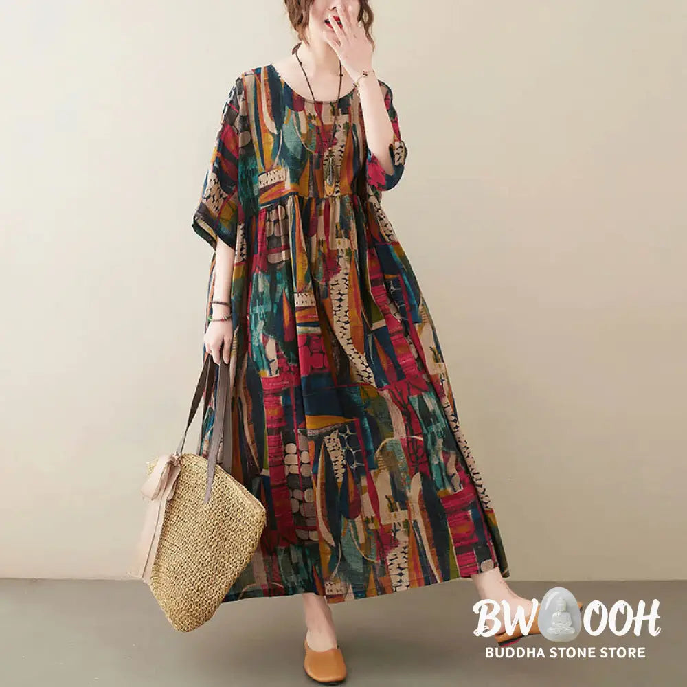 Buddha Stones Colorful Graphics Midi Dress Cotton Half Sleeve Tunic Dress With Pockets - Color(Dress Only)(Bust
