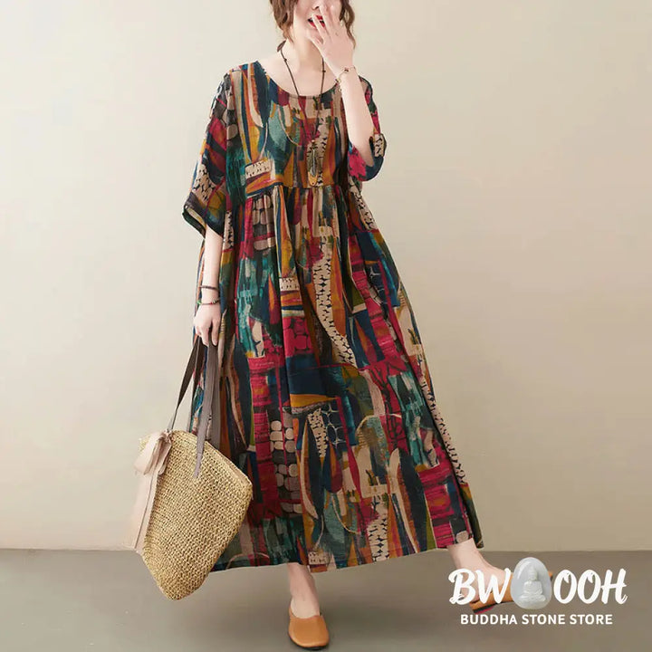 Buddha Stones Colorful Graphics Midi Dress Cotton Half Sleeve Tunic Dress With Pockets - Color(Dress Only)(Bust