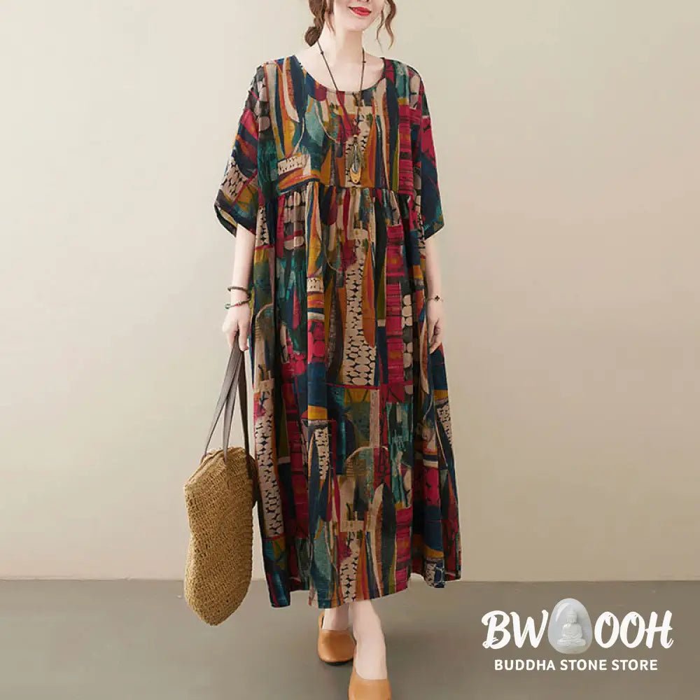 Buddha Stones Colorful Graphics Midi Dress Cotton Half Sleeve Tunic Dress With Pockets - Color(Dress Only)(Bust