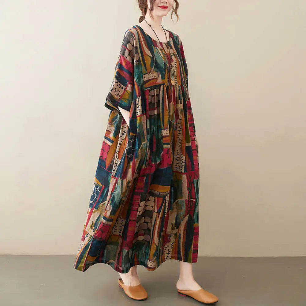 BWOOOH Colorful Graphics Midi Dress Cotton Half Sleeve Tu