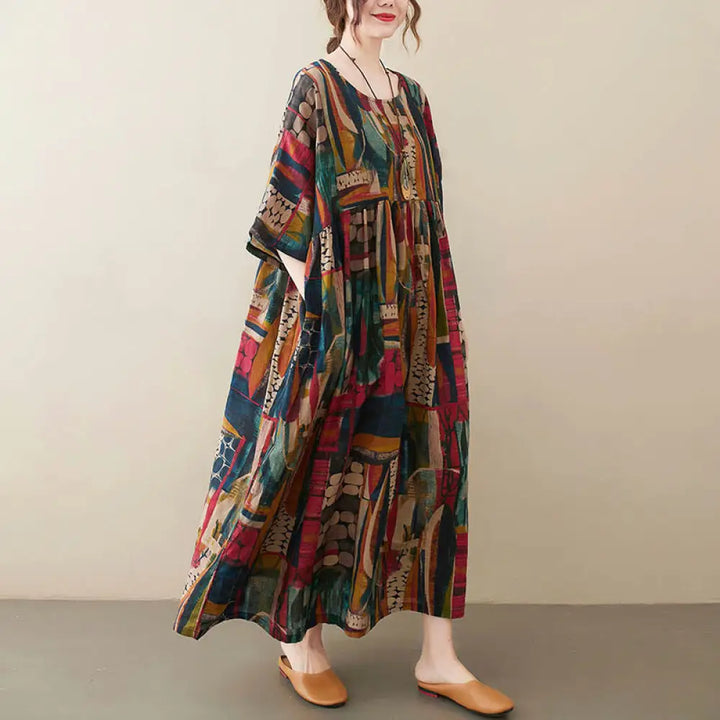 BWOOOH Colorful Graphics Midi Dress Cotton Half Sleeve Tu