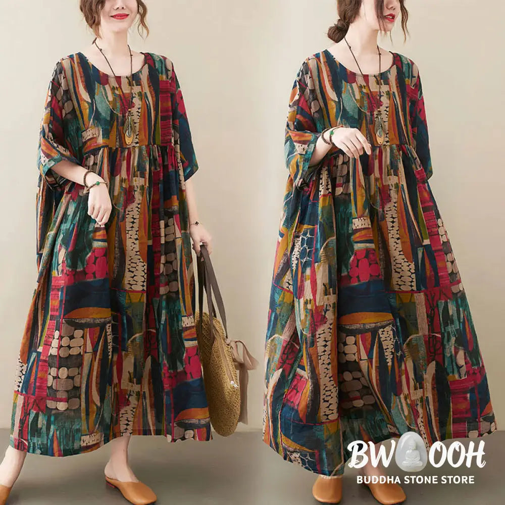 Buddha Stones Colorful Graphics Midi Dress Cotton Half Sleeve Tunic Dress With Pockets - Color(Dress Only)(Bust