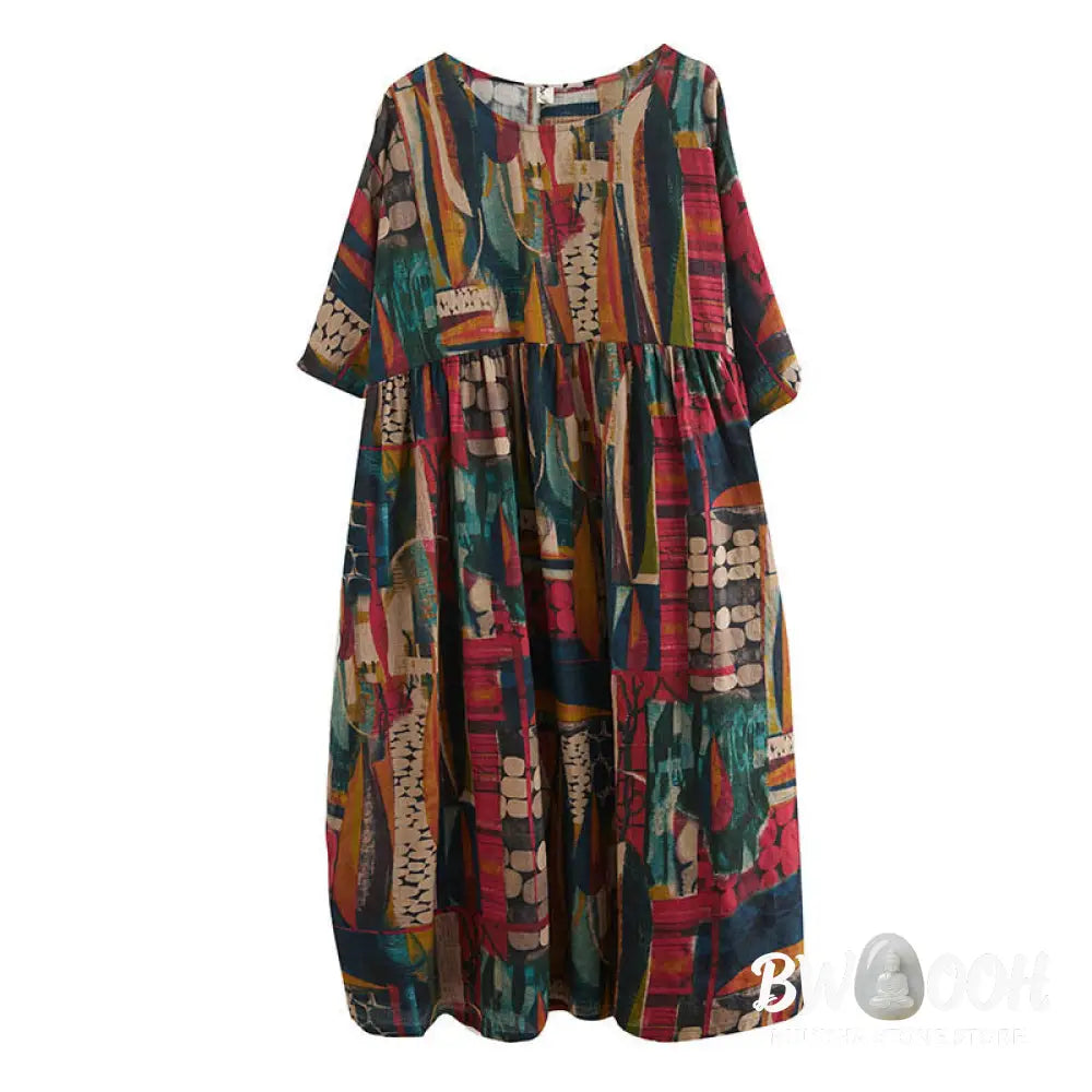 Buddha Stones Colorful Graphics Midi Dress Cotton Half Sleeve Tunic Dress With Pockets - Color(Dress Only)(Bust