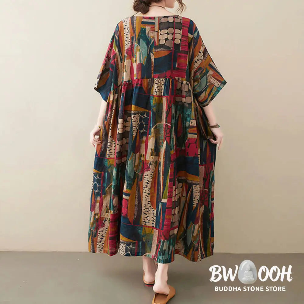 Buddha Stones Colorful Graphics Midi Dress Cotton Half Sleeve Tunic Dress With Pockets - Color(Dress Only)(Bust