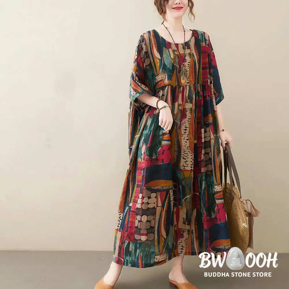 Buddha Stones Colorful Graphics Midi Dress Cotton Half Sleeve Tunic Dress With Pockets - Color(Dress Only)(Bust