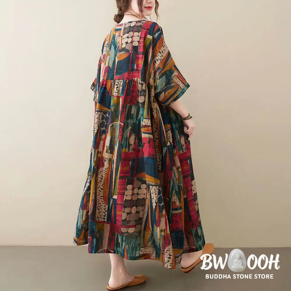Buddha Stones Colorful Graphics Midi Dress Cotton Half Sleeve Tunic Dress With Pockets - Color(Dress Only)(Bust