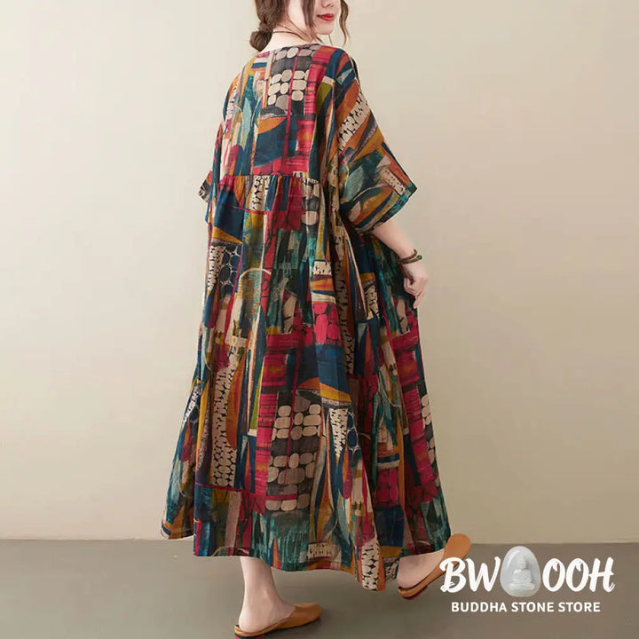 Buddha Stones Colorful Graphics Midi Dress Cotton Half Sleeve Tunic Dress With Pockets - Color(Dress Only)(Bust