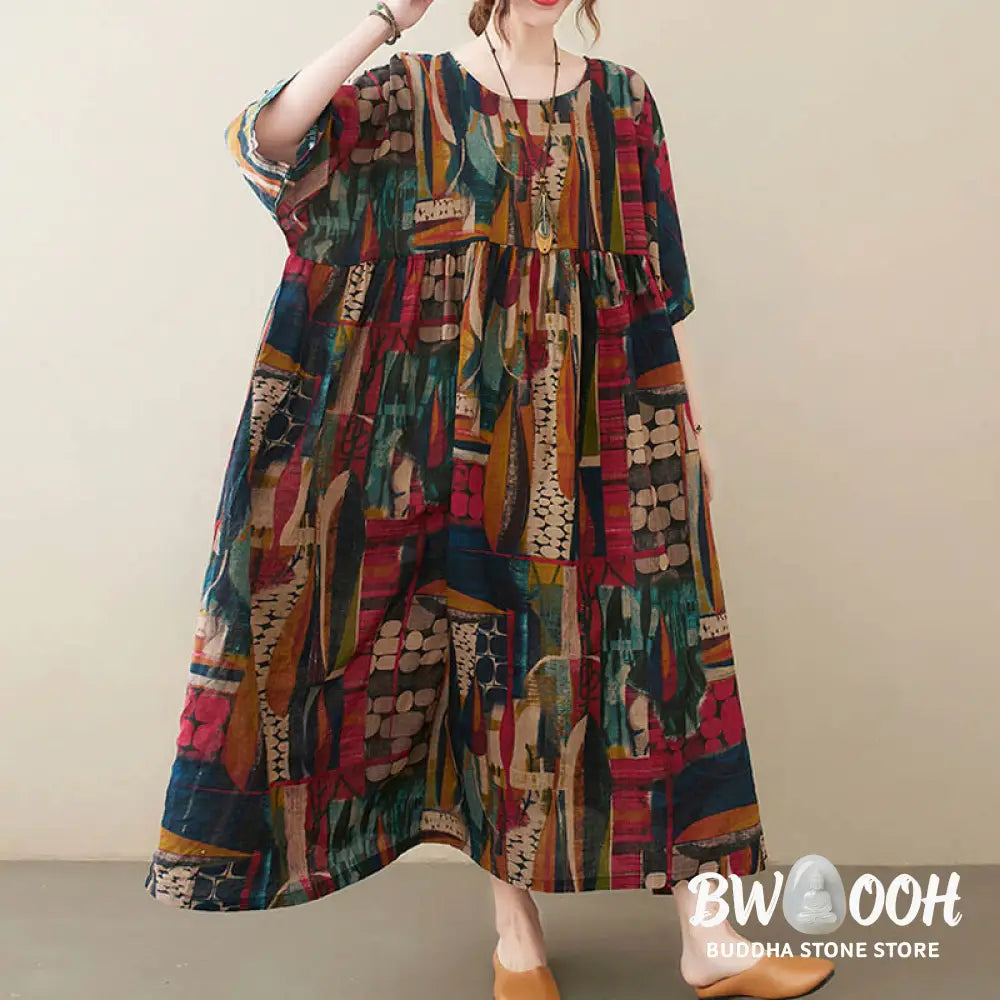 Buddha Stones Colorful Graphics Midi Dress Cotton Half Sleeve Tunic Dress With Pockets - Color(Dress Only)(Bust