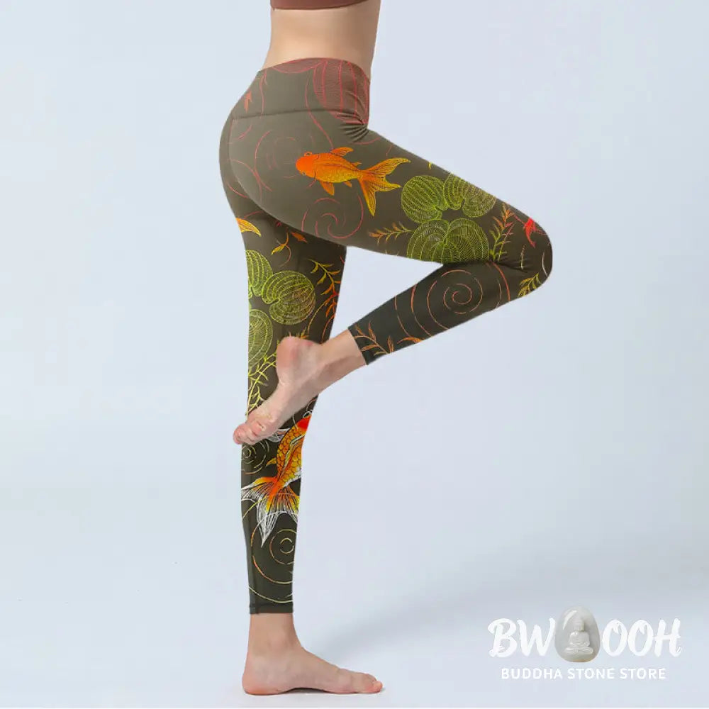 BWOOOH koi fish print yoga leggings - Colorful Koi Fish Water Ripples Plant Pa