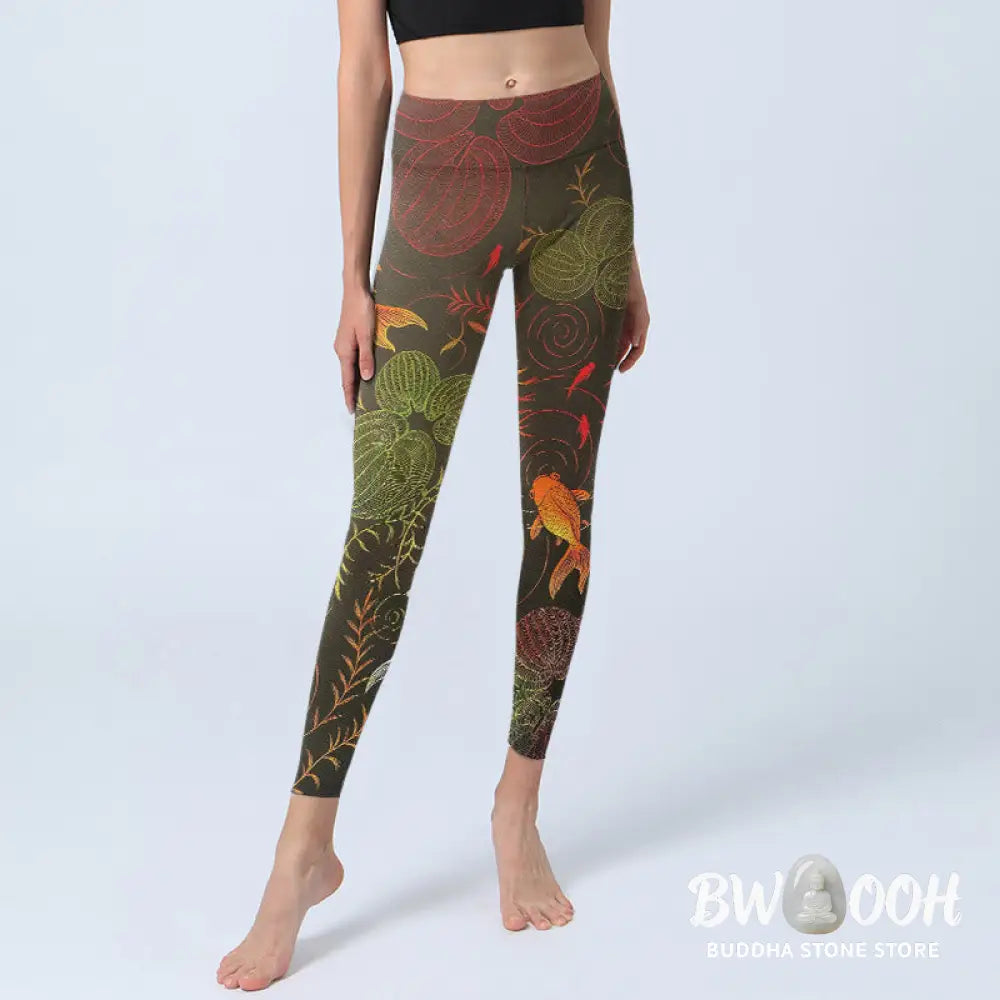 BWOOOH koi fish print yoga leggings - Colorful Koi Fish Water Ripples Plant Pa