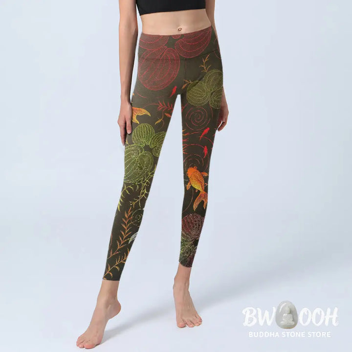 BWOOOH koi fish print yoga leggings - Colorful Koi Fish Water Ripples Plant Pa