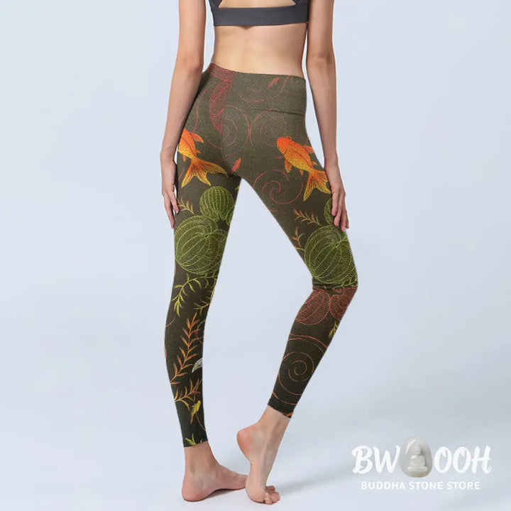 BWOOOH koi fish print yoga leggings - Colorful Koi Fish Water Ripples Plant Pa