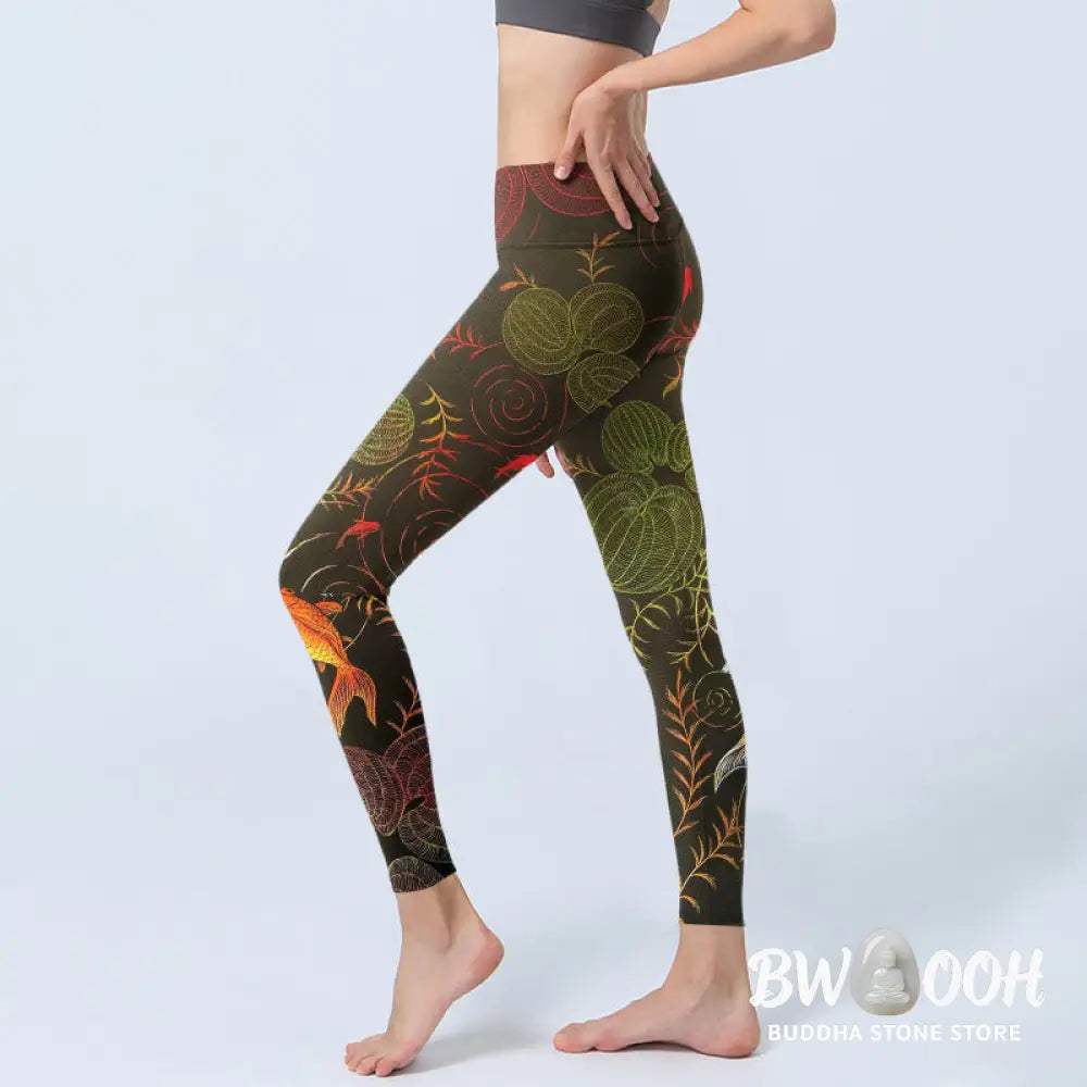 BWOOOH koi fish print yoga leggings - Colorful Koi Fish Water Ripples Plant Pa