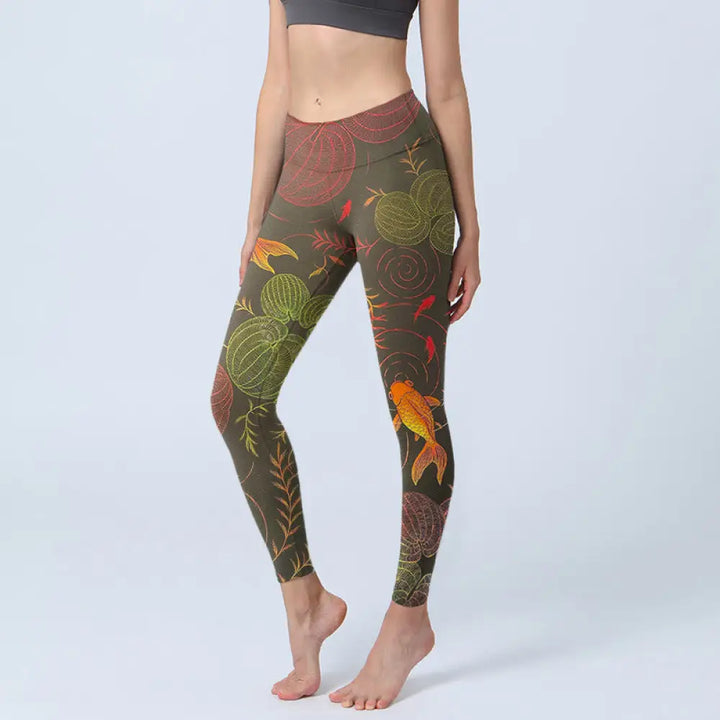BWOOOH koi fish print yoga leggings - Colorful Koi Fish Water Ripples Plant Pa