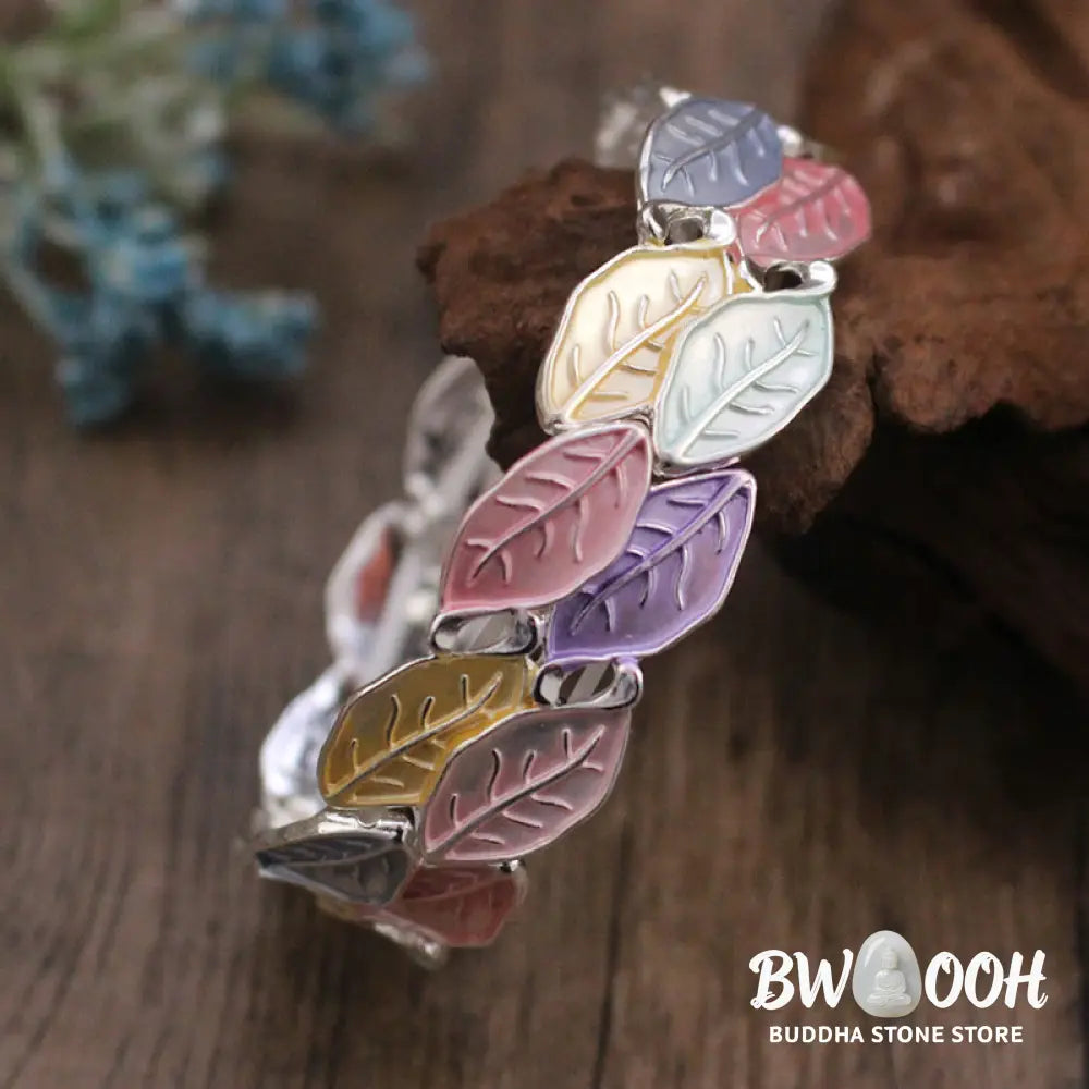Buddha Stones Colorful Leaves Alloy Luck Elastic Bracelet Bangle - BWOOOH - 57mm - Bracelet Bangle