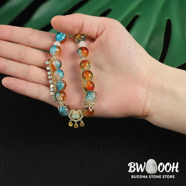 Buddha Stones Colorful Liuli Glass Bead Chinese Lock Charm Fortune Bracelet - BWOOOH - Colorful Liuli Glass Bead(Wrist