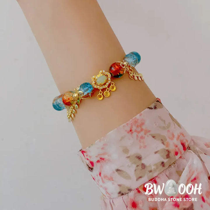 Buddha Stones Colorful Liuli Glass Bead Chinese Lock Charm Fortune Bracelet - BWOOOH - Colorful Liuli Glass Bead(Wrist