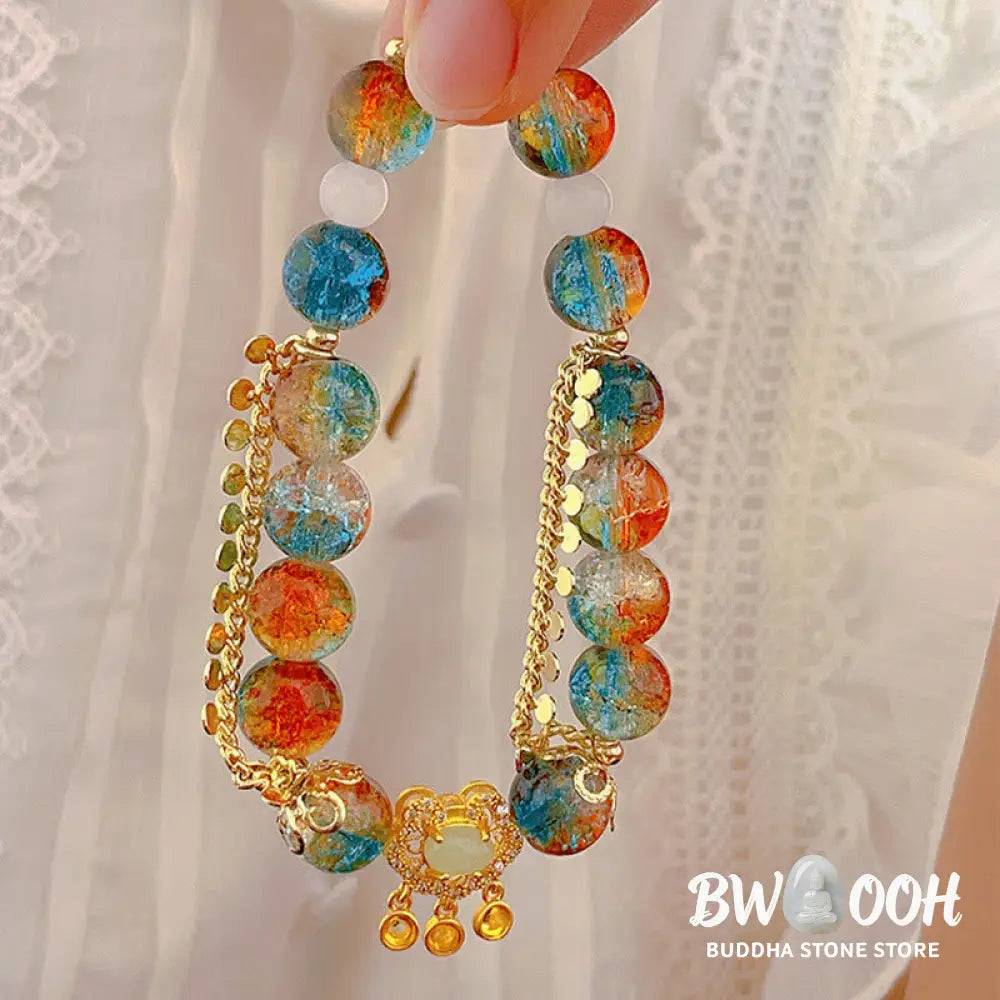 Buddha Stones Colorful Liuli Glass Bead Chinese Lock Charm Fortune Bracelet - BWOOOH - Colorful Liuli Glass Bead(Wrist