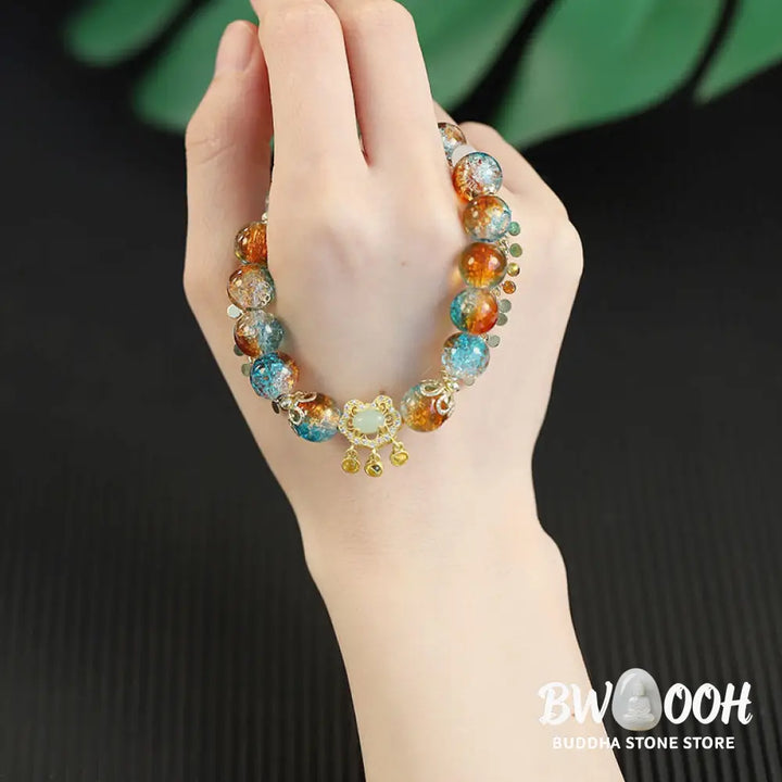 Buddha Stones Colorful Liuli Glass Bead Chinese Lock Charm Fortune Bracelet - BWOOOH - Colorful Liuli Glass Bead(Wrist