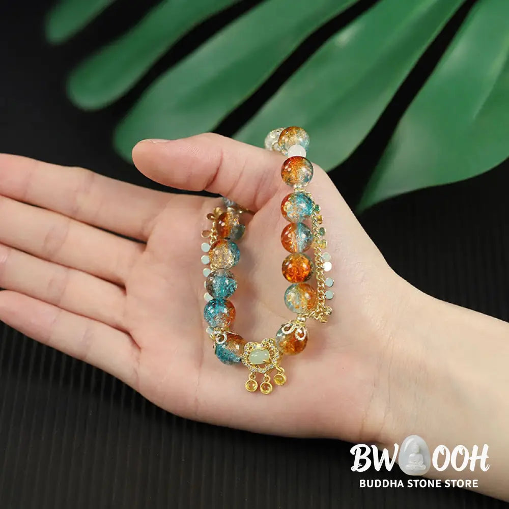 Buddha Stones Colorful Liuli Glass Bead Chinese Lock Charm Fortune Bracelet - BWOOOH - Colorful Liuli Glass Bead(Wrist