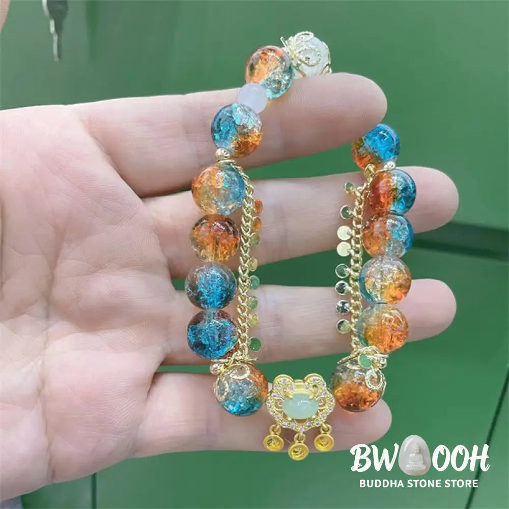 Buddha Stones Colorful Liuli Glass Bead Chinese Lock Charm Fortune Bracelet - BWOOOH - Colorful Liuli Glass Bead(Wrist