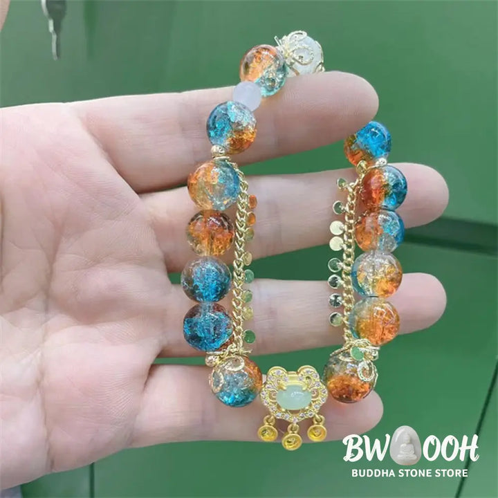 Buddha Stones Colorful Liuli Glass Bead Chinese Lock Charm Fortune Bracelet - BWOOOH - Colorful Liuli Glass Bead(Wrist
