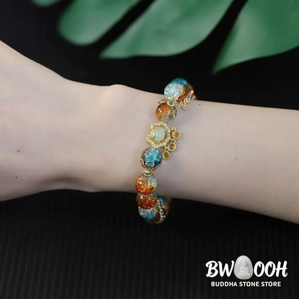 Buddha Stones Colorful Liuli Glass Bead Chinese Lock Charm Fortune Bracelet - BWOOOH - Colorful Liuli Glass Bead(Wrist