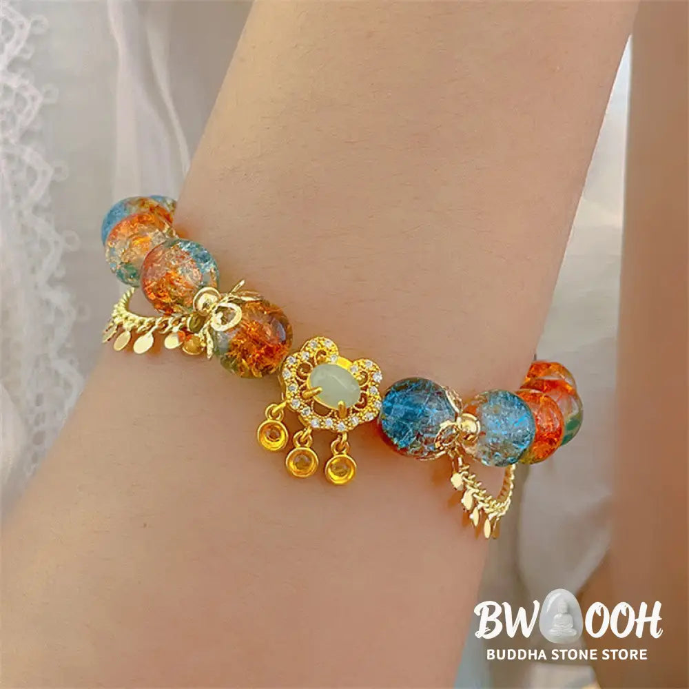 Buddha Stones Colorful Liuli Glass Bead Chinese Lock Charm Fortune Bracelet - BWOOOH - Colorful Liuli Glass Bead(Wrist