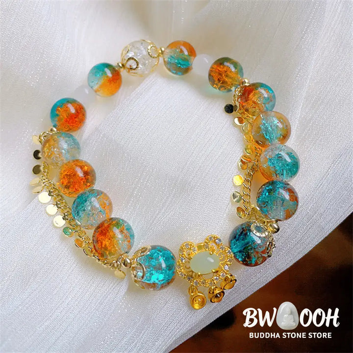 Buddha Stones Colorful Liuli Glass Bead Chinese Lock Charm Fortune Bracelet - BWOOOH - Colorful Liuli Glass Bead(Wrist