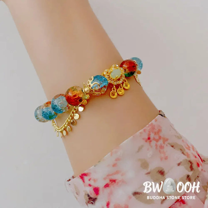 Buddha Stones Colorful Liuli Glass Bead Chinese Lock Charm Fortune Bracelet - BWOOOH - Colorful Liuli Glass Bead(Wrist