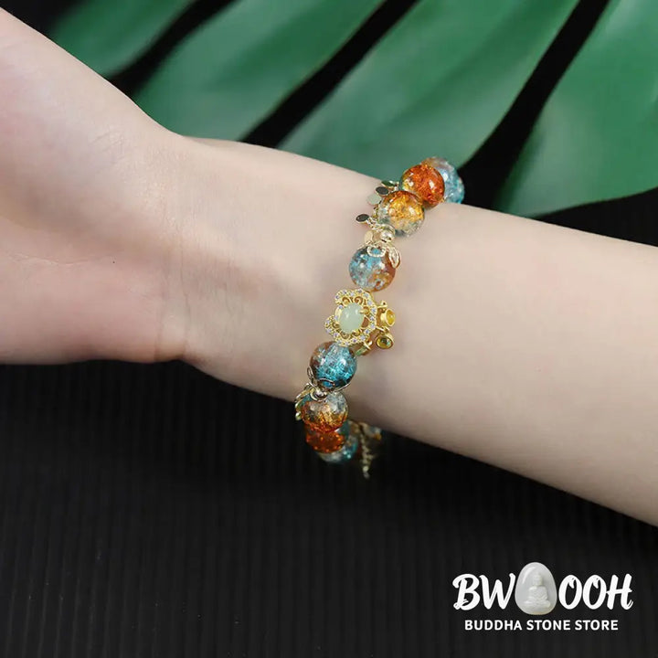 Buddha Stones Colorful Liuli Glass Bead Chinese Lock Charm Fortune Bracelet - BWOOOH - Colorful Liuli Glass Bead(Wrist