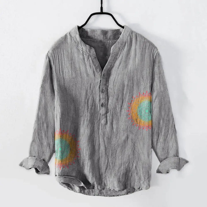 Buddha Stones Colorful Mandala Pattern Half Buttons Men’s Cotton Linen Long Sleeve Shirt - Gray / US/UK/AU38，EU48 (M)