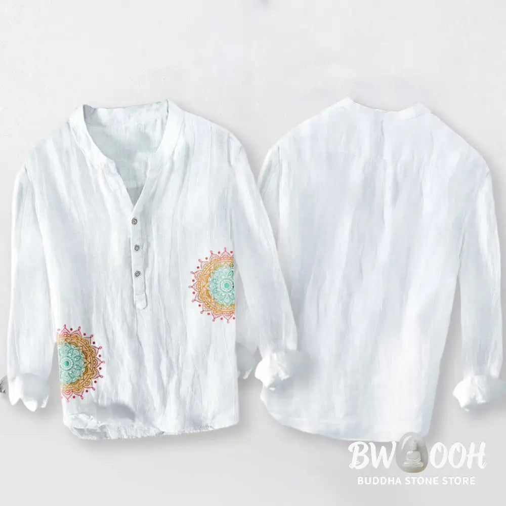 Buddha Stones Colorful Mandala Pattern Half Buttons Men’s Cotton Linen Long Sleeve Shirt - Men’s Shirts