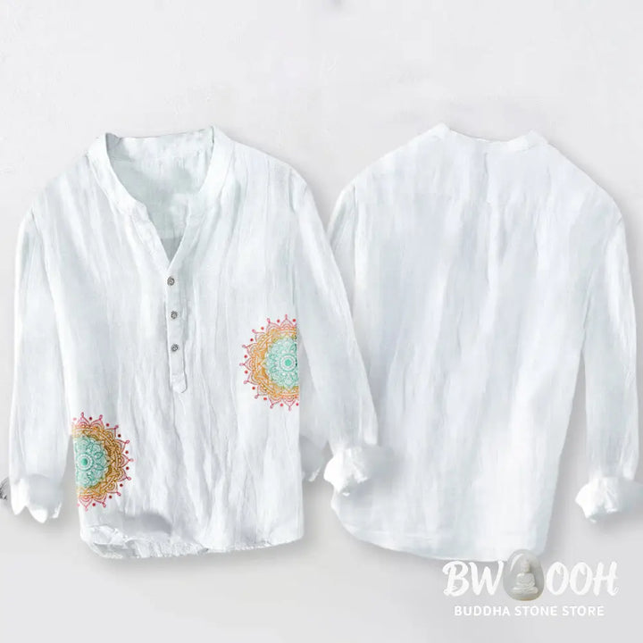 Buddha Stones Colorful Mandala Pattern Half Buttons Men’s Cotton Linen Long Sleeve Shirt - Men’s Shirts